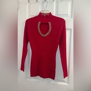 Size medium red diamond gem bedazzled cutout neckline ribbed long sleeve sweater